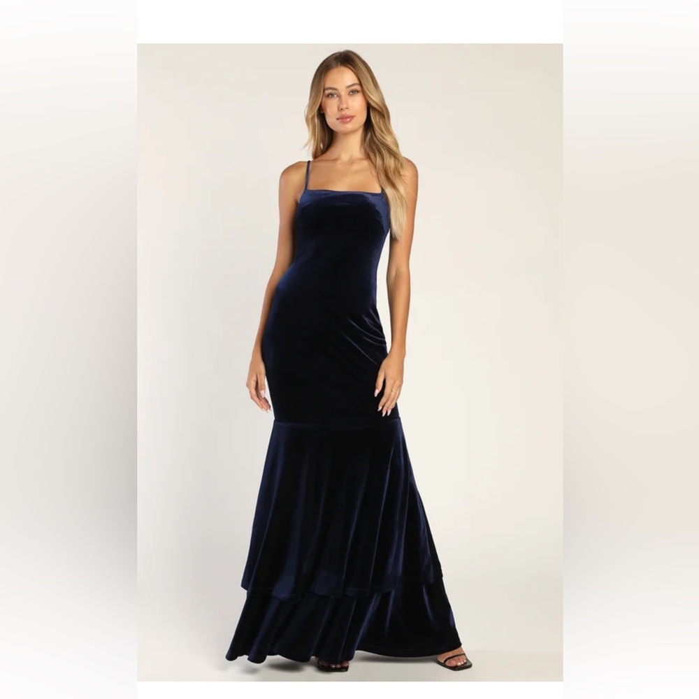 Lulus Alluring Muse Navy Blue Velvet Tiered Trumpet Maxi Dress - Picture 1 of 10